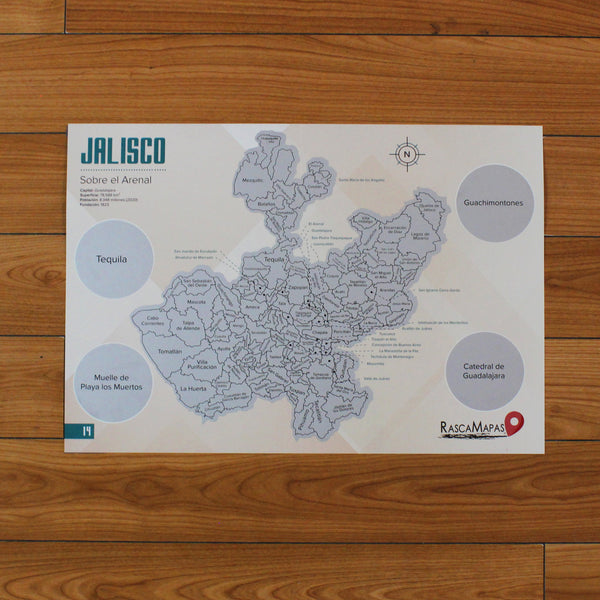 Mapa Rascable de Jalisco con Plumilla de Colección | Dividido en Municipios