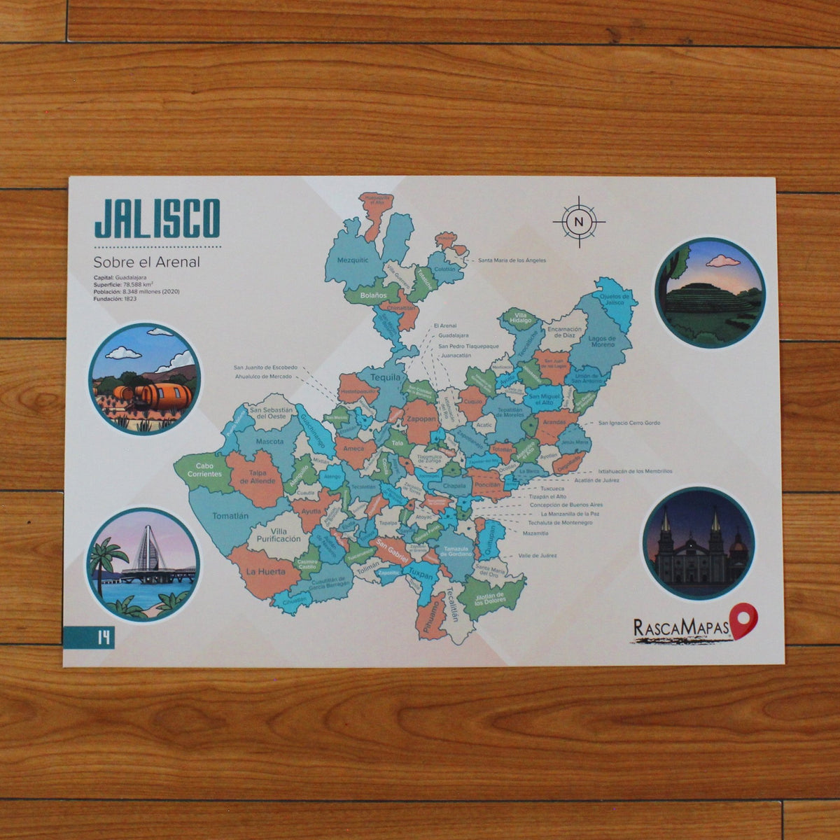 Mapa Rascable de Jalisco con Plumilla de Colección | Dividido en Municipios