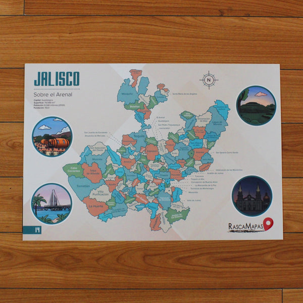 Mapa Rascable de Jalisco con Plumilla de Colección | Dividido en Municipios
