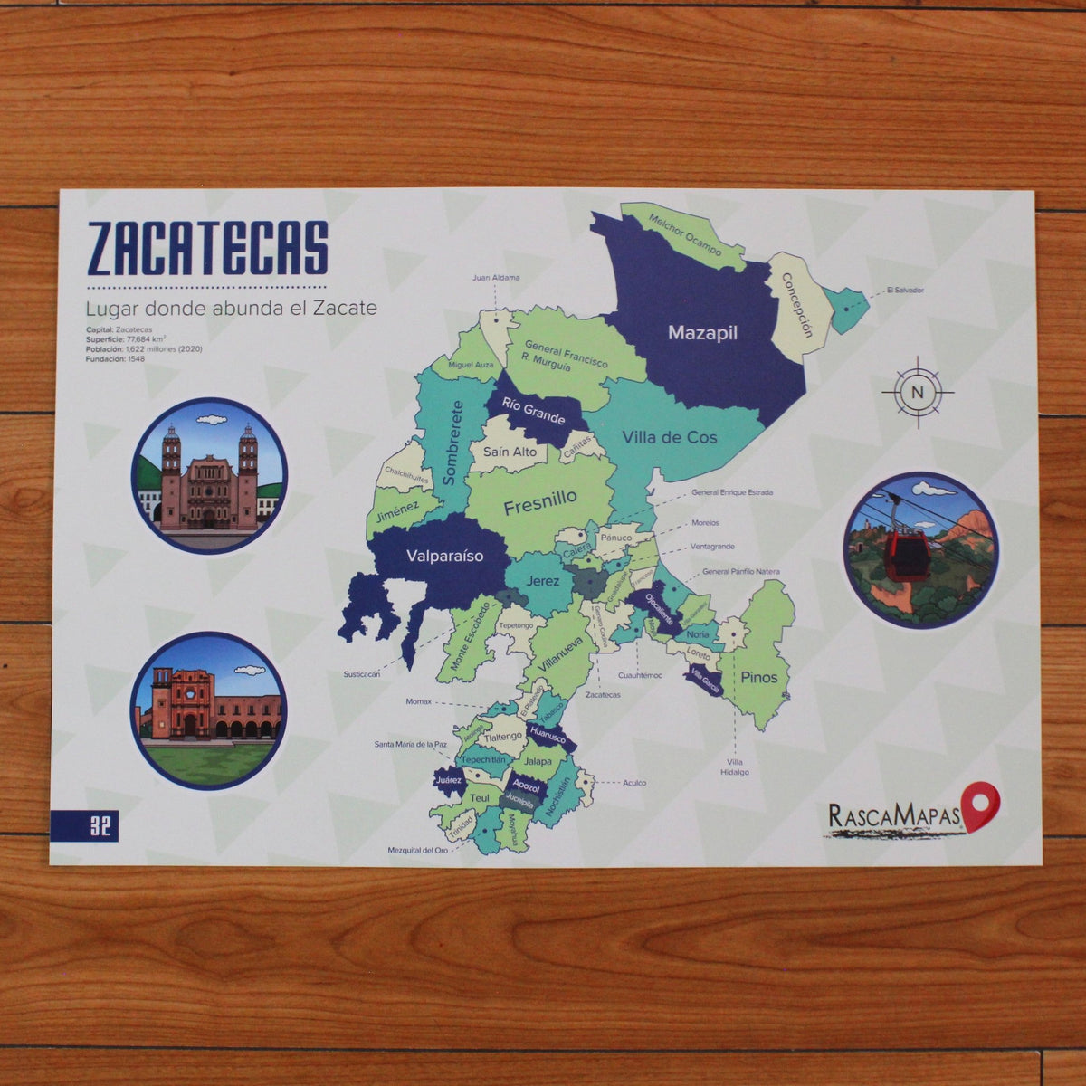 Mapa Rascable de Zacatecas con Plumilla de Colección | Dividido en Municipios